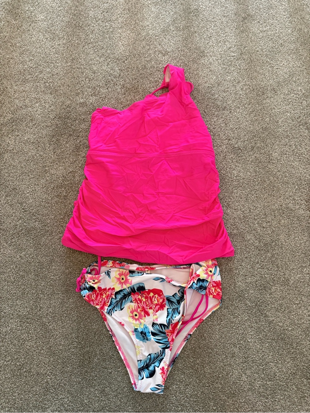 Tankini w Pink Scallop One Shoulder Top/Floral Bottom, Sz L, Bonus Cvr Up Skirt